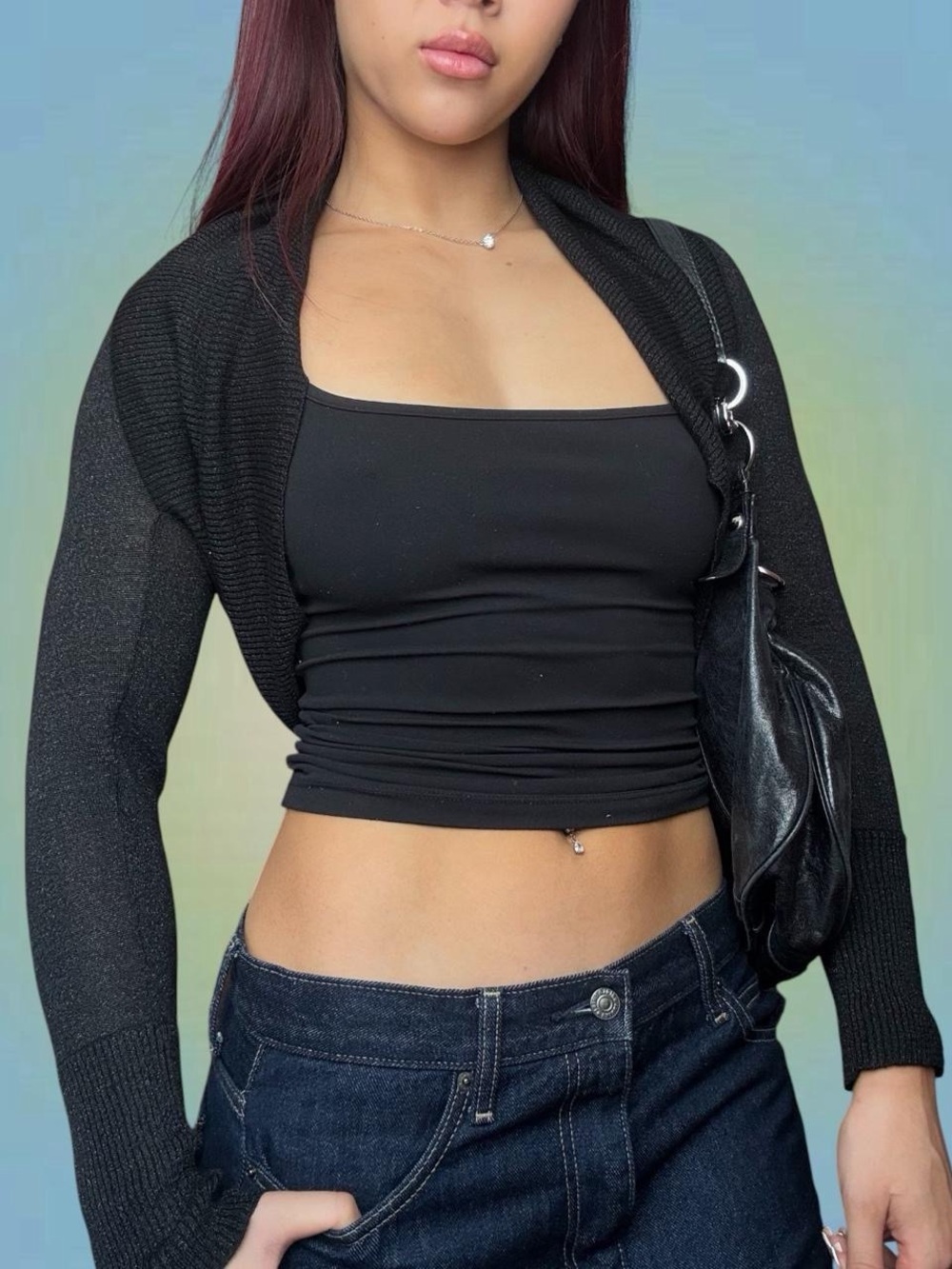 Suzy Shier Black Cropped Shrug Cardigan